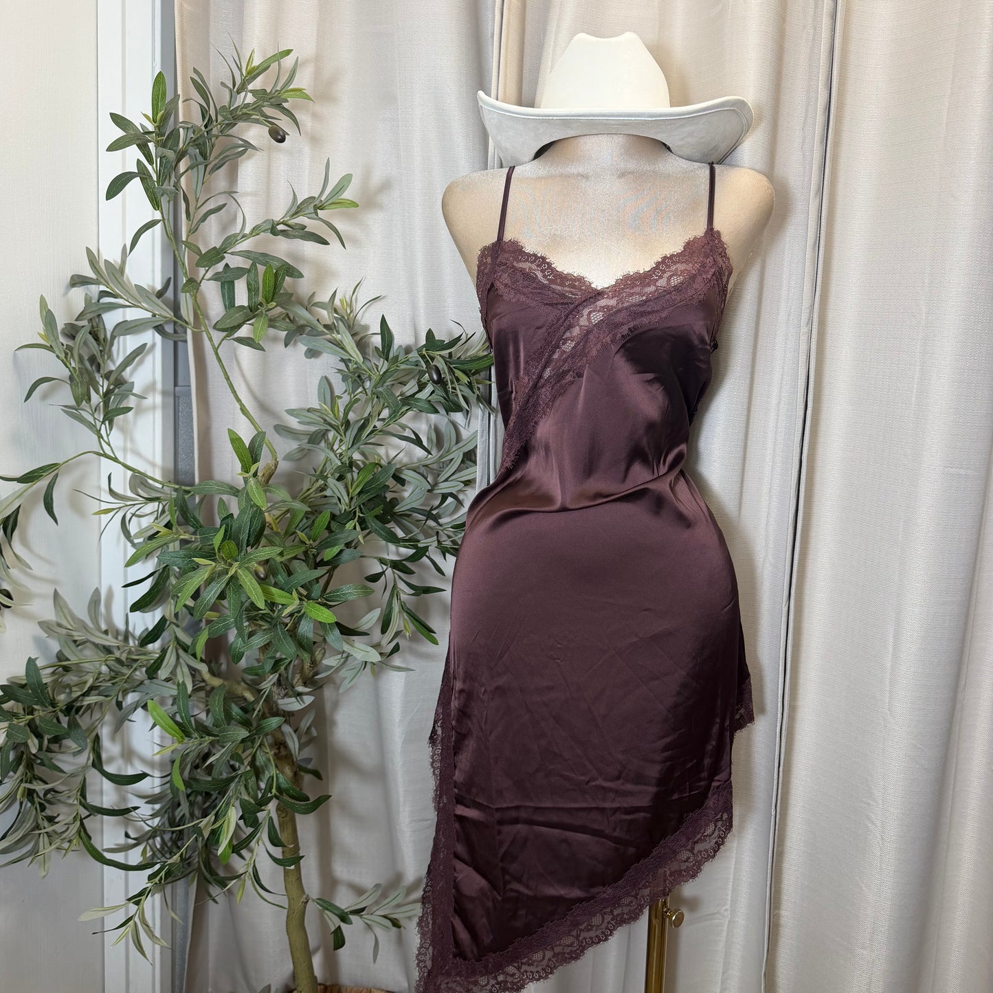 Asymmetric Satin With Lace Trim Detail Dress-Brown