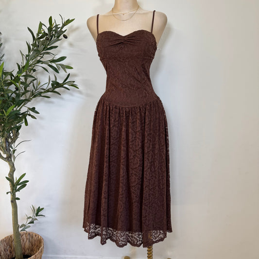 Lace Midi Flare Dress-Brown