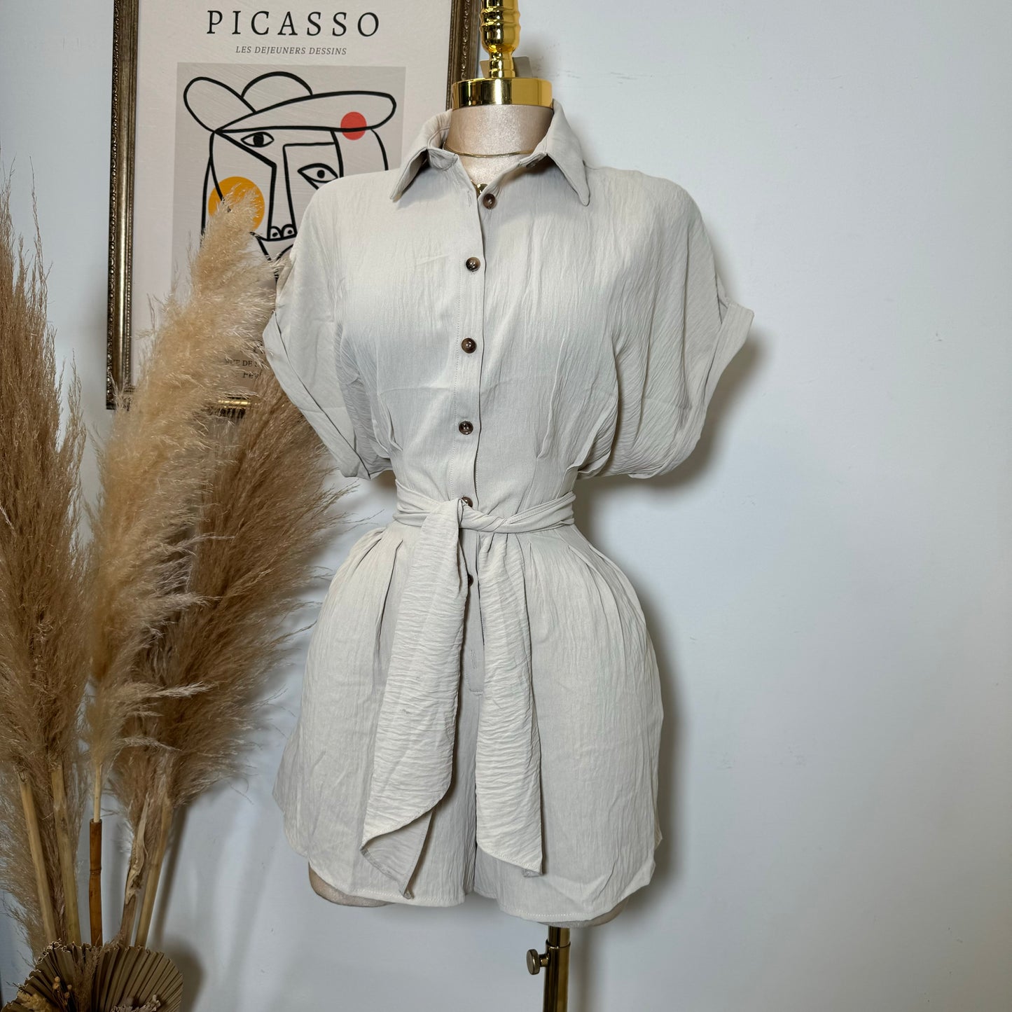 Crinkle Textured Dolman Sleeve Shirt Belted Romper -Cream