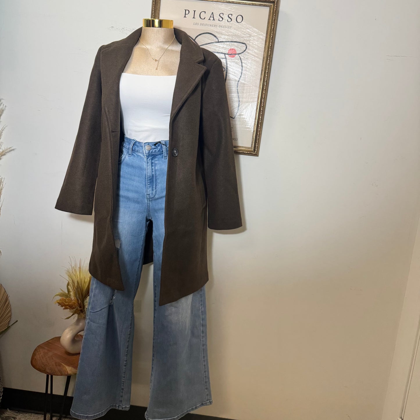 Notched Lapel Long Sleeve Coat-Brown