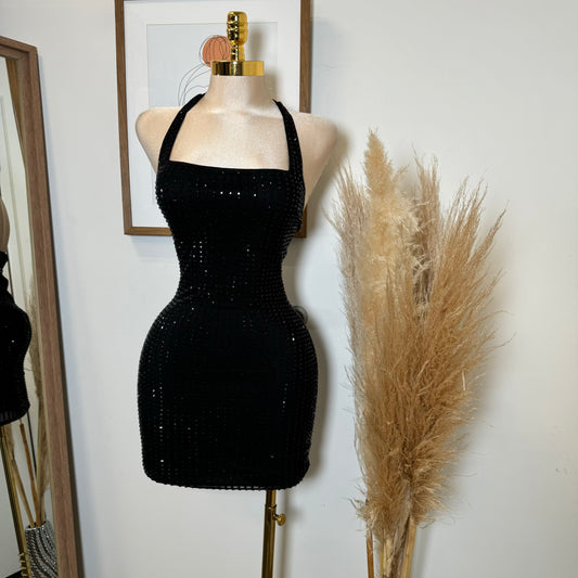 Vegas Rhinestone Halter Dress-Black