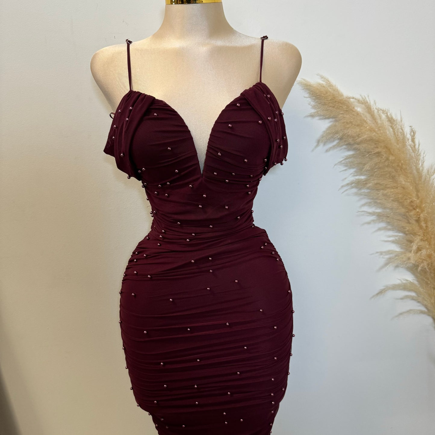 Aria Pearl Midi Dress- Burgundy