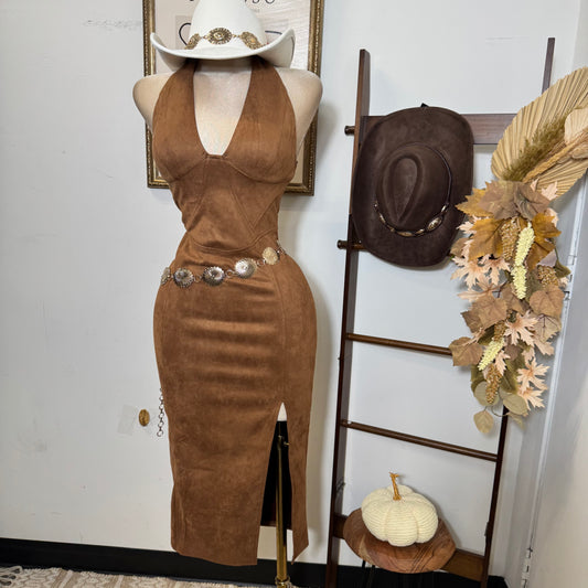Halter Neck Front Slit Suede Midi Dress-Brown