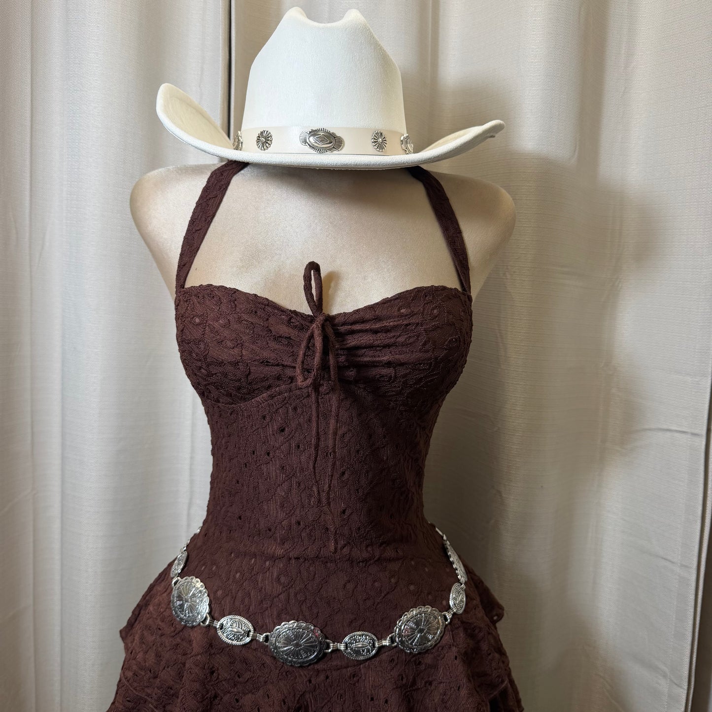 Eyelet halter neck Tiered Ruffle Mini Dress-Brown