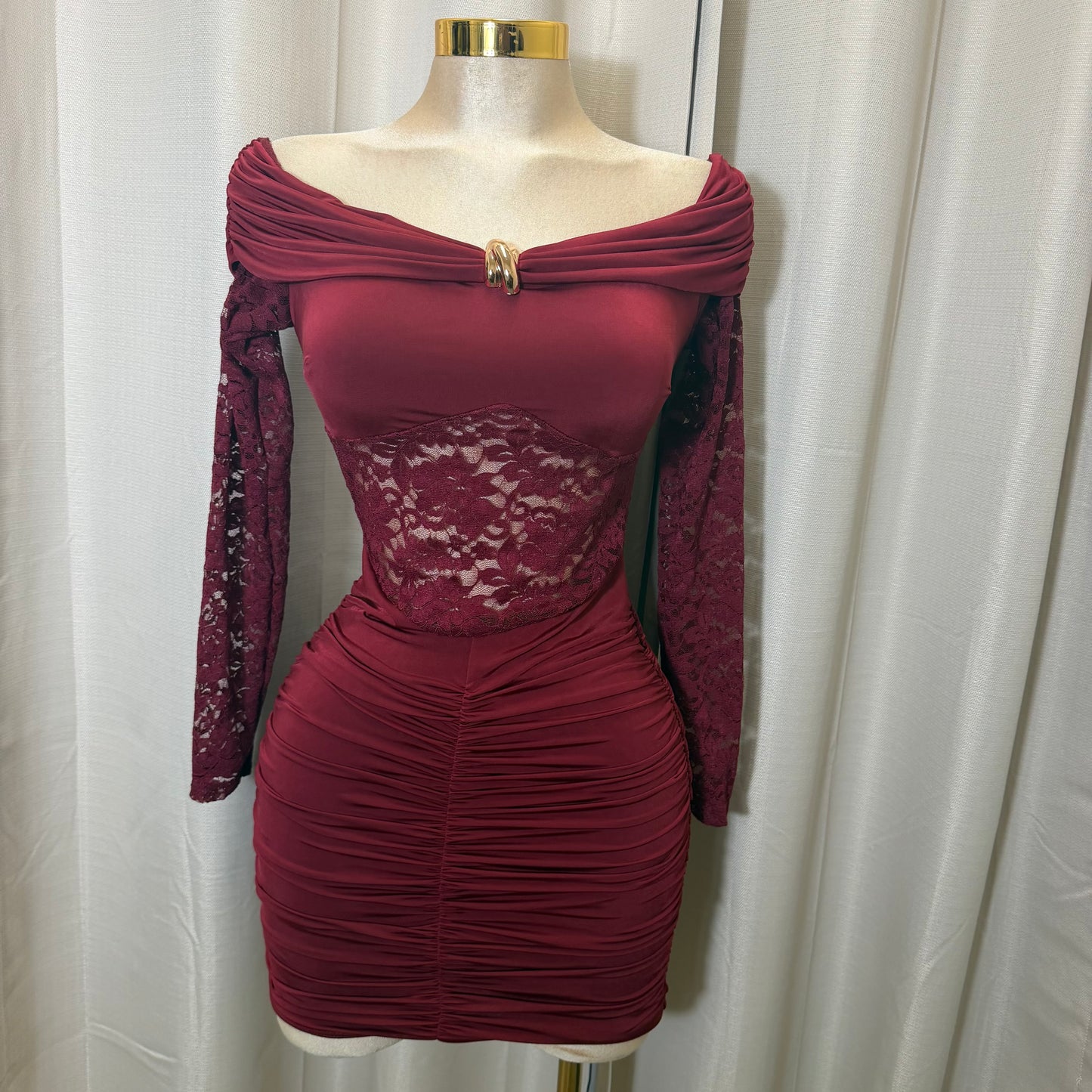 Off shoulder Long sleeve Dress-Burgundy