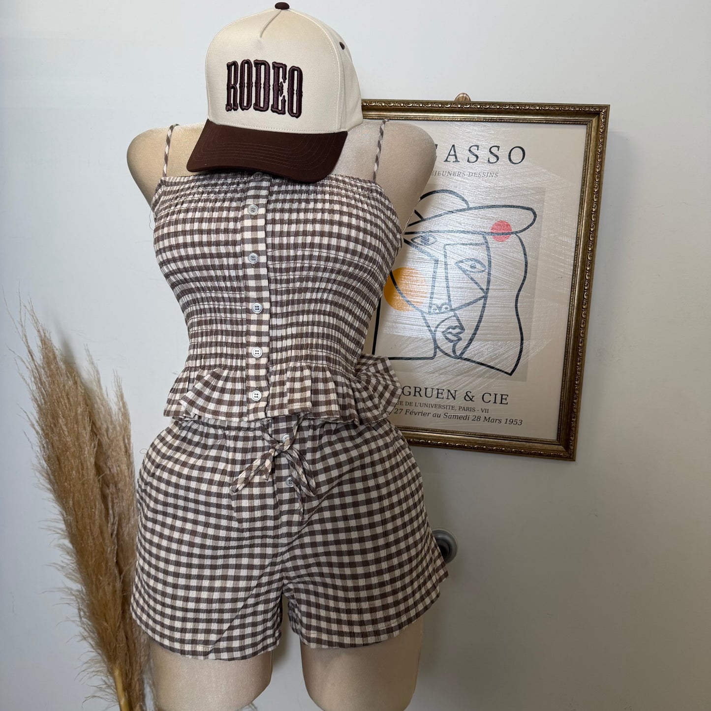 Smocked Gingham Peplum Short Two piece set-Mocha