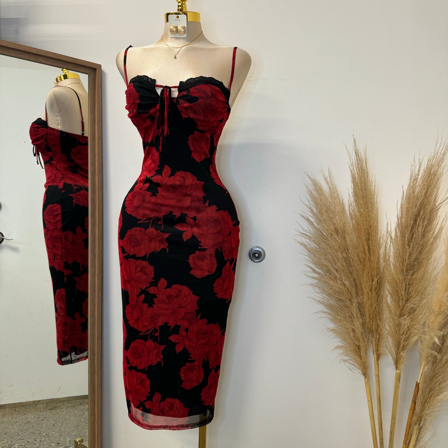 Rose Mesh Spaghetti Dress-Black/Red