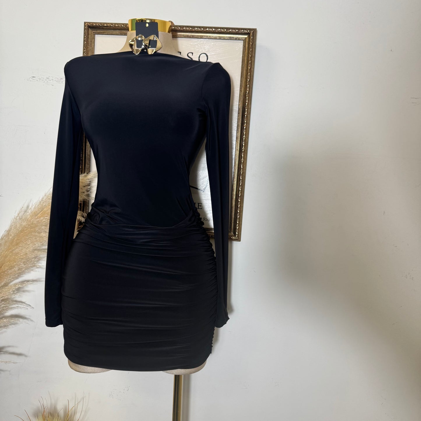 Long Sleeve Ruched Mini Dress-Black