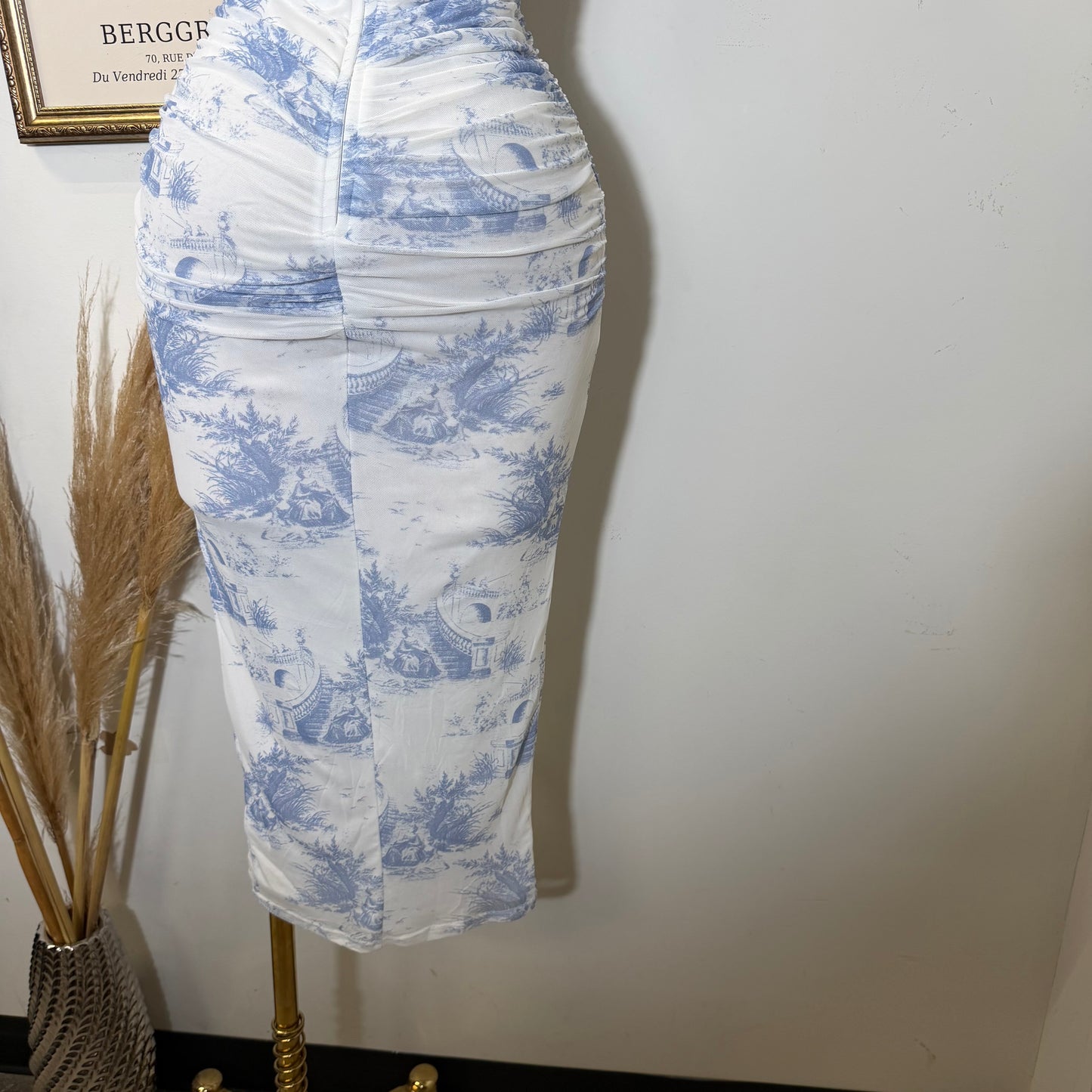 Deep plunge Halter Neck Ruched a-Line Midi Dress-Blue/White