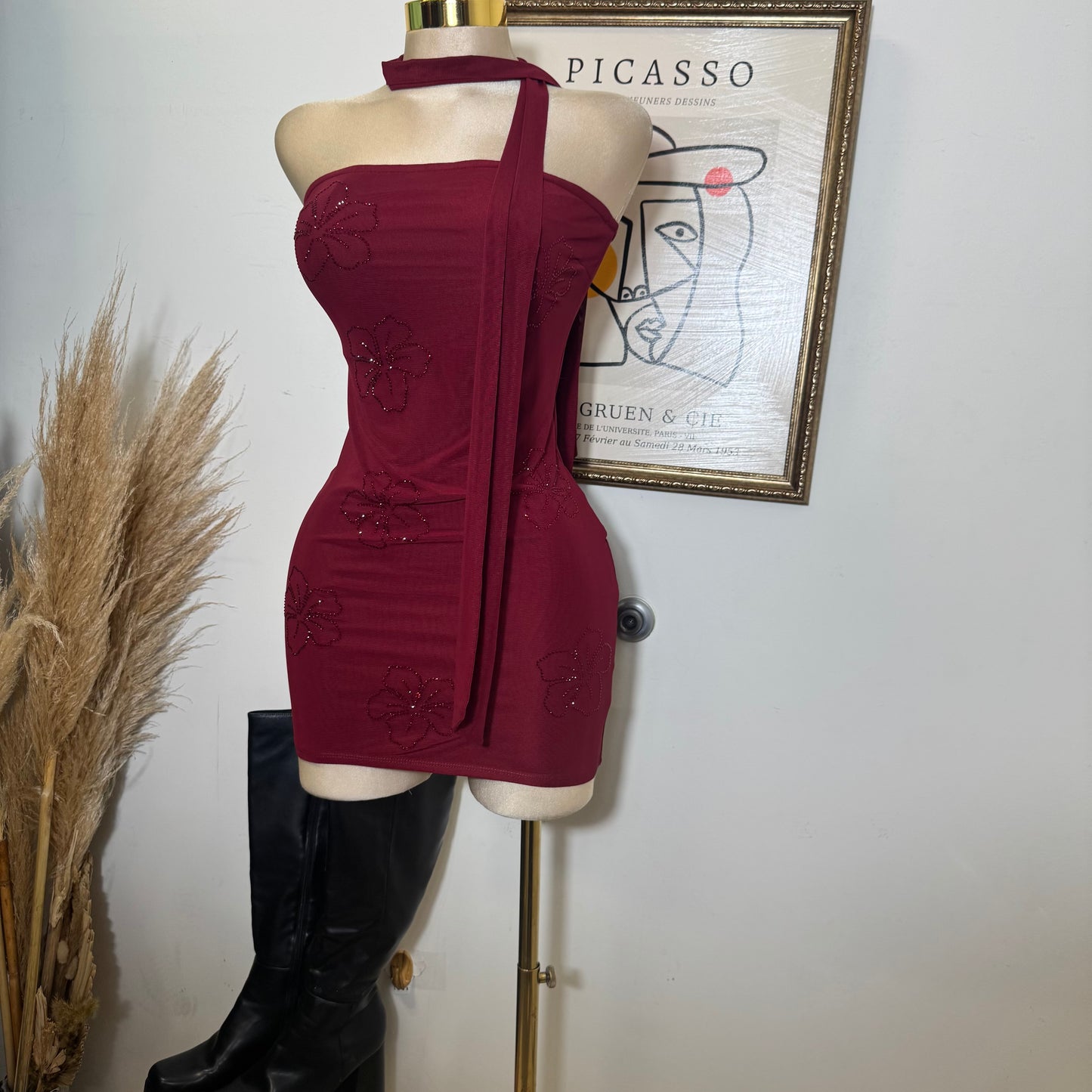 Tube Mini Dress With Scarf-Burgundy