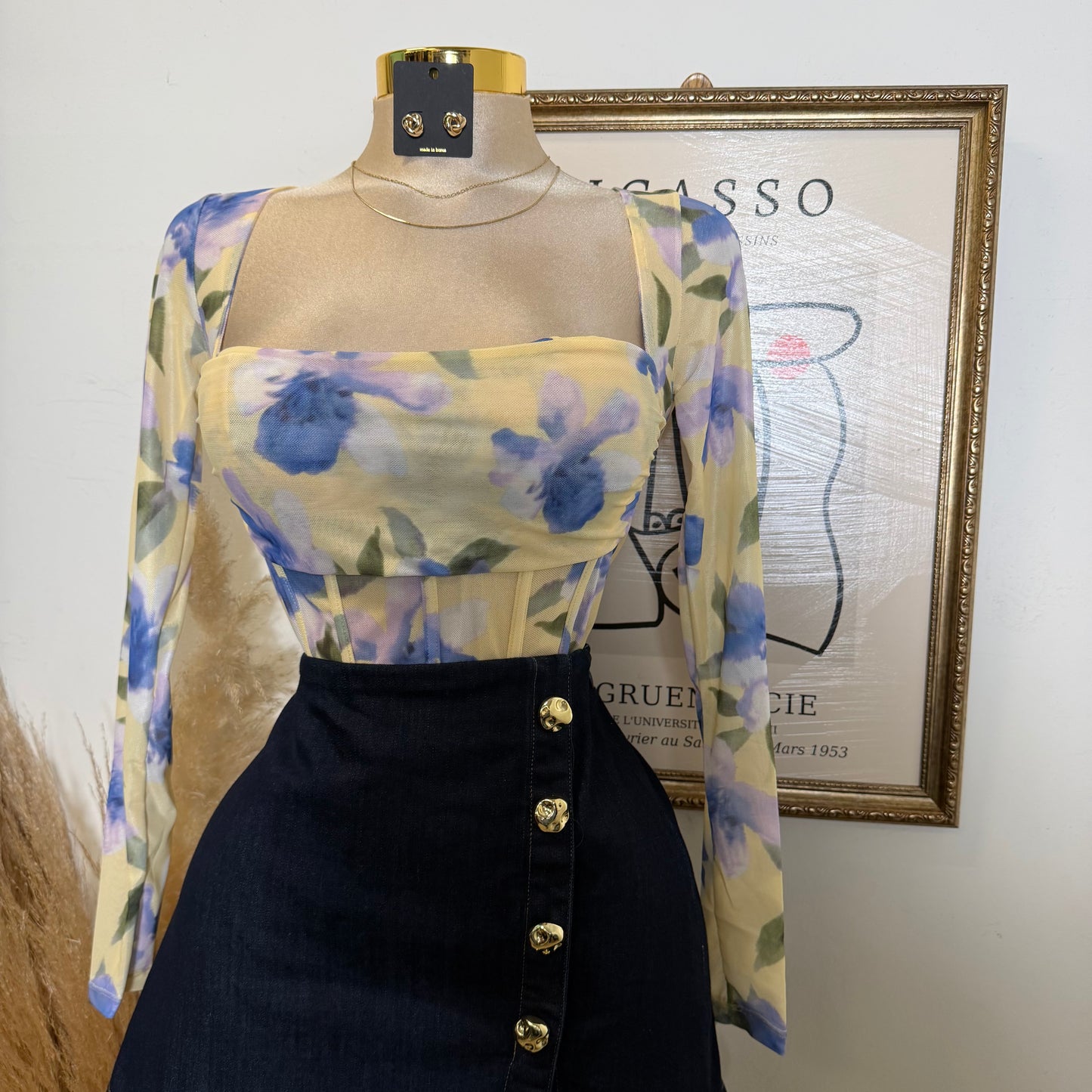 Long Sleeve Mesh Corset Top with Sewn bra Cups-Flower Print Yellow