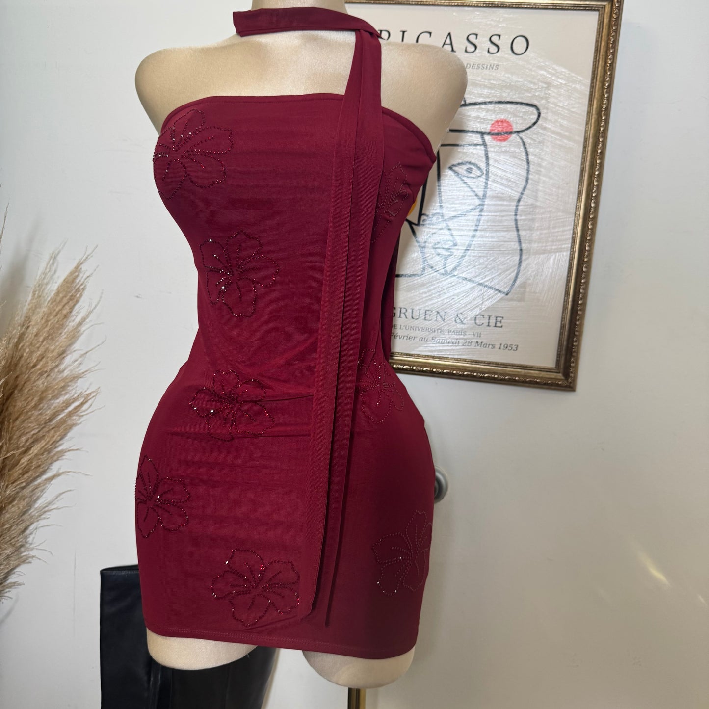 Tube Mini Dress With Scarf-Burgundy