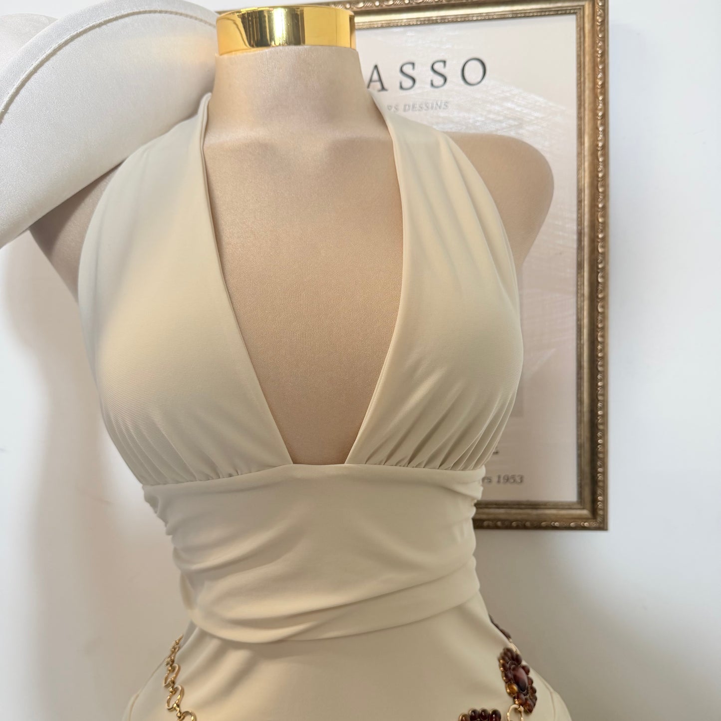 Sleeveless Open Back Halter Ruffle Romper-Beige