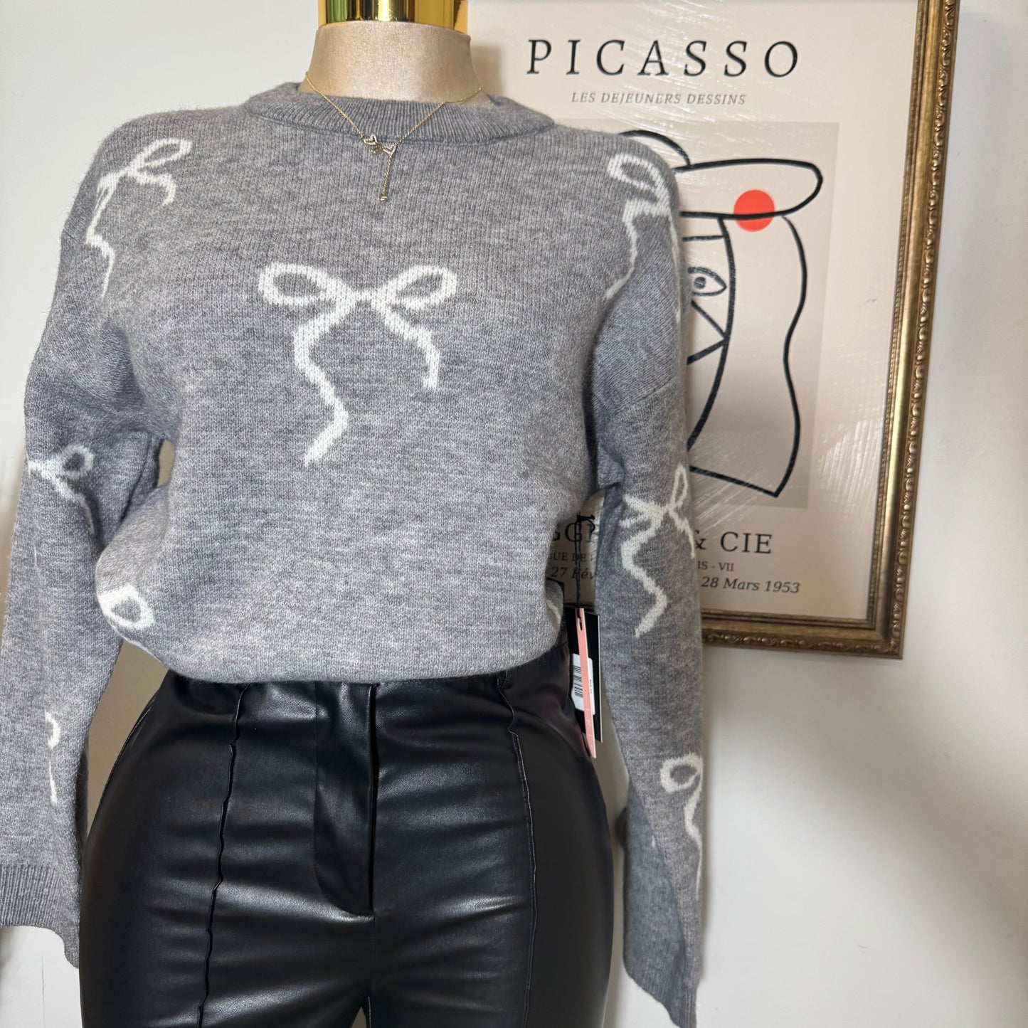 Bow Round Neck Sweater Top-Heather Grey