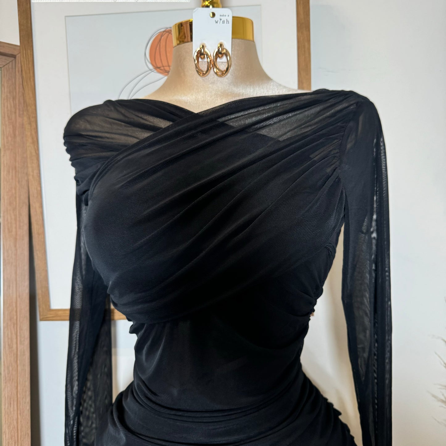 Long Sleeve Mesh Surplus Front Ruched Midi Dress-Black