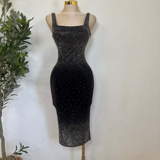 Rhinestone Midi Dress Square Neck Sleeveless-Black