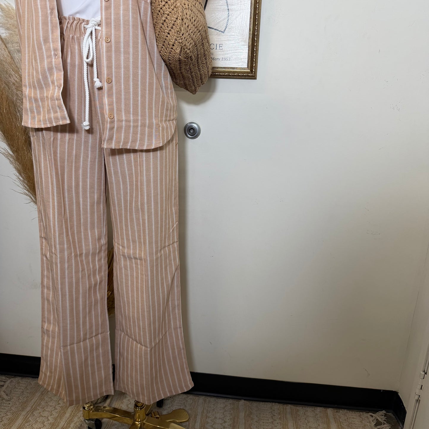 Linen Stripe Button Down Shirts Top and Pant set- Taupe