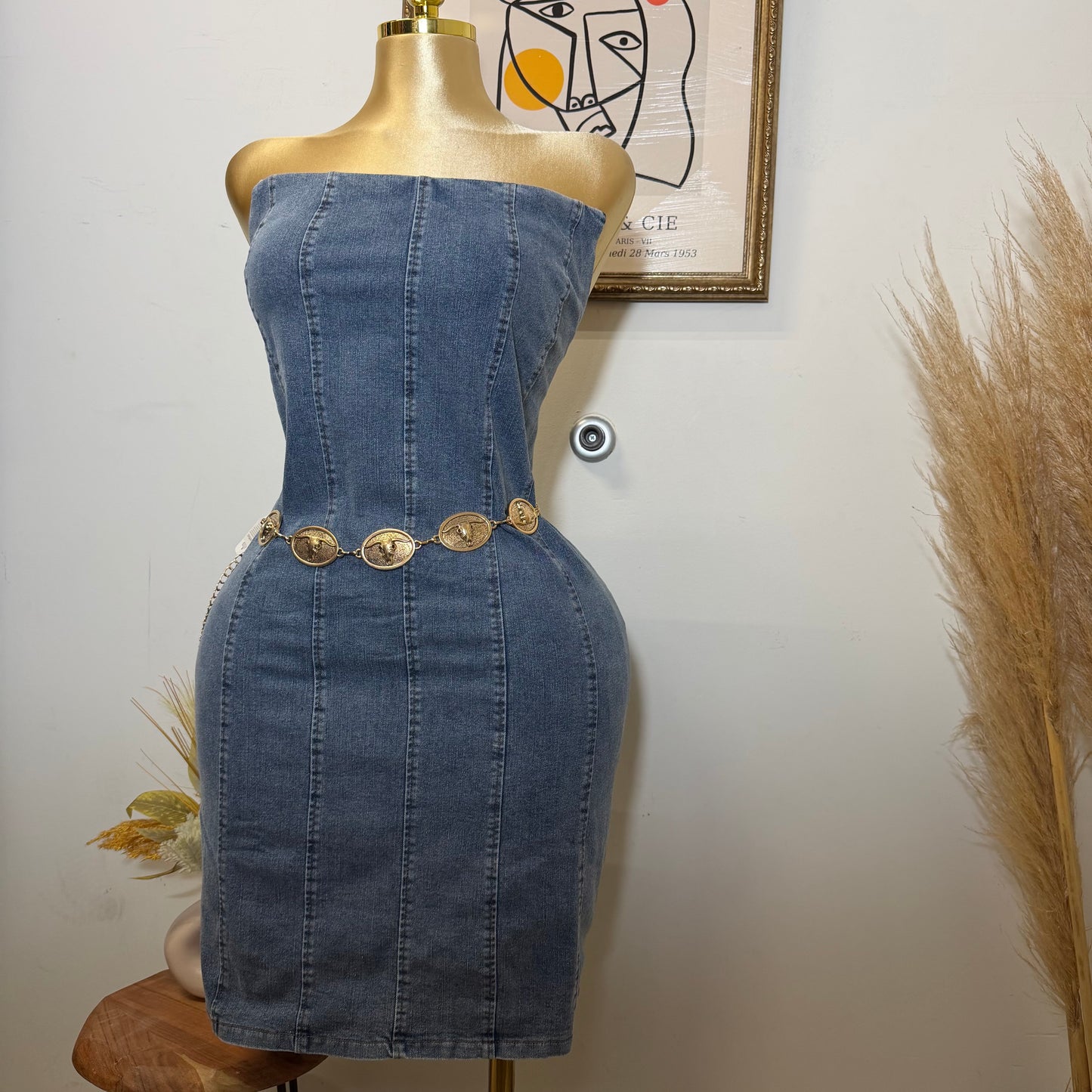 Denim Strapless Denim Dress PL-Blue