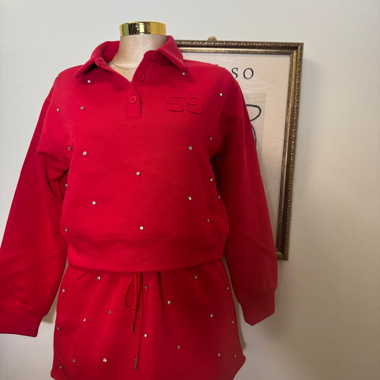 Long Sleeve Embellish scuba Polo Set-Red