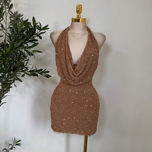 Cowl Sequins Dress-Mocha