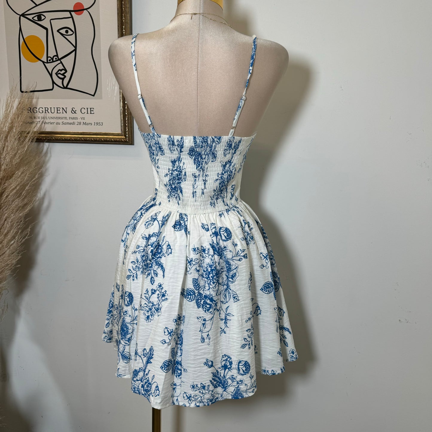 Tropical Smocked Mini Dress-White/Blue
