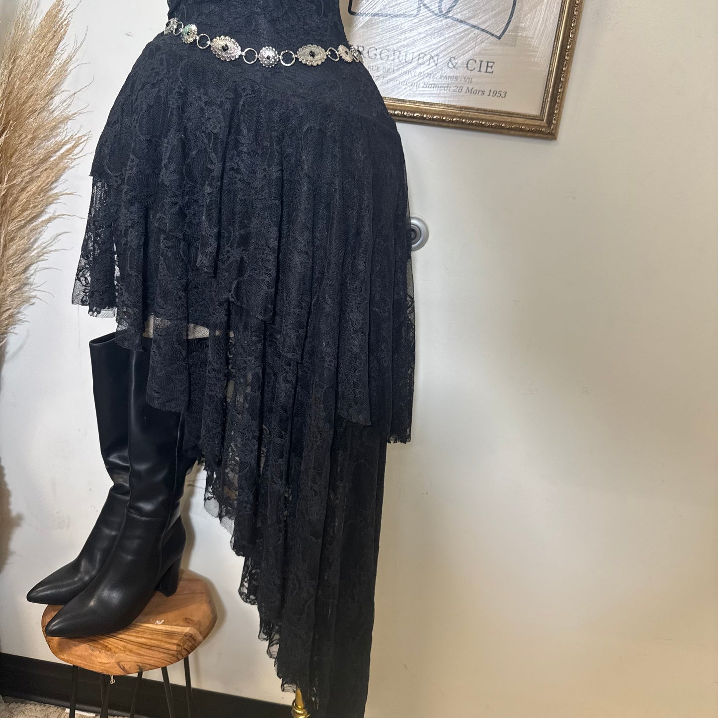 Lace Double Layer Ruffle Asymmetrical Maxi Dress-Black