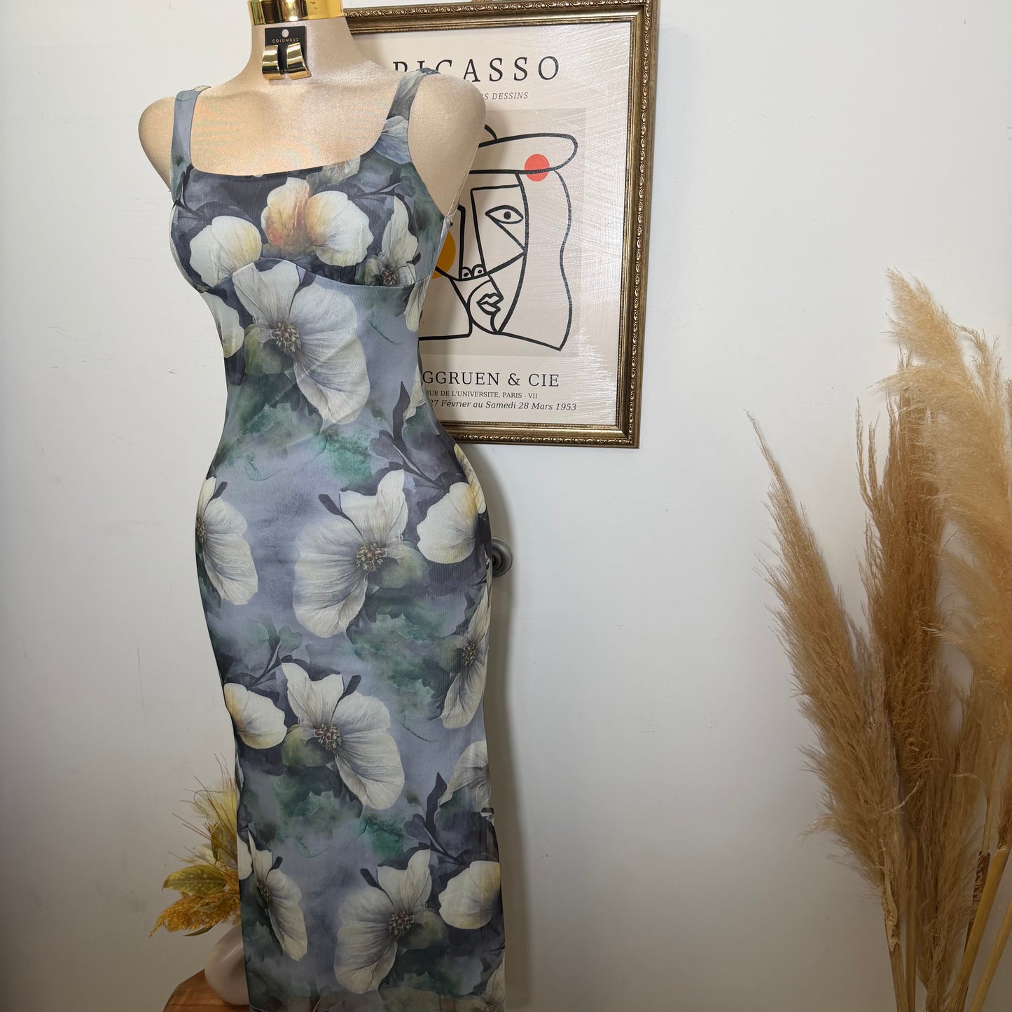Mesh Print Midi Dress Flower Dress-Green