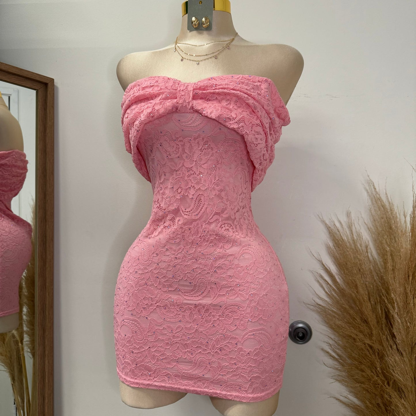 Bow Lace Rhinestone Dress-Pink