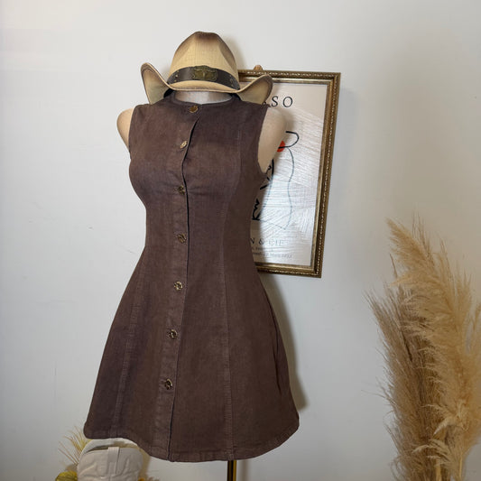 Sleeveless Denim Mini Dress -Brown