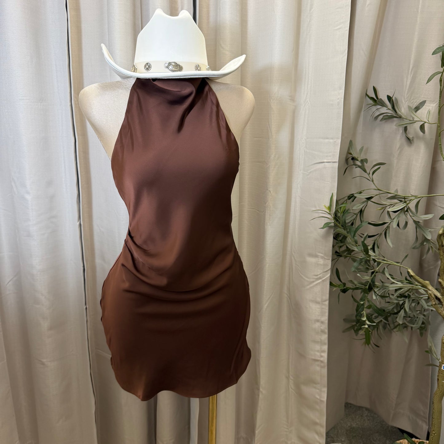 Satin Cowl Halter Neck Dress-Brown