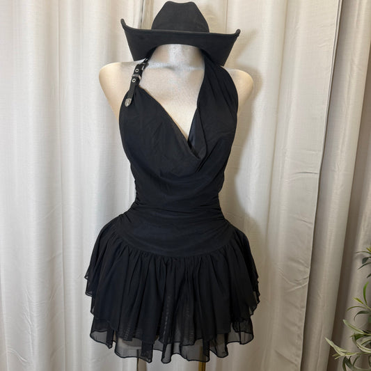 Buckle Halter Ruched Mini Fit and Flare Dress-Black