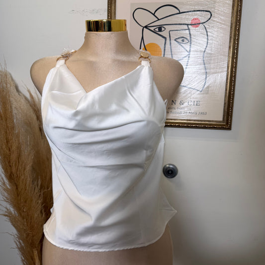 Satin Cowl-Neck Top w/ Gold Ring Details-White