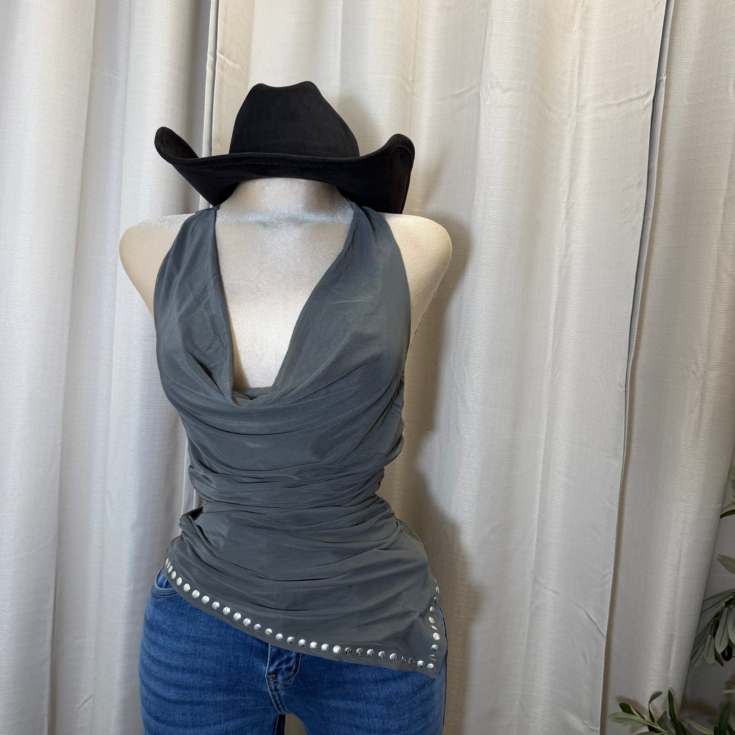Cowl Neck Halter Ruched Top-Charcoal
