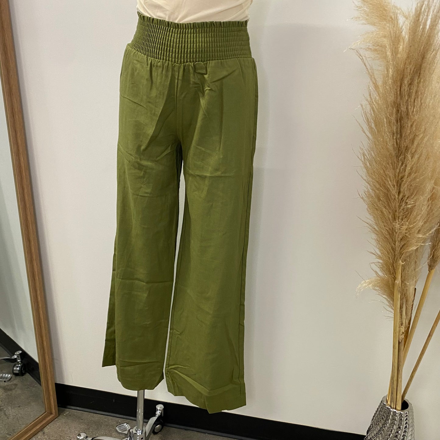 Linen Pants with Smocked Waist-Olive