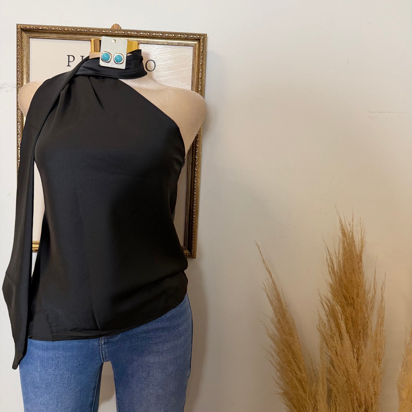 One Shoulder Satin Top w/ Scarf Detail-Black