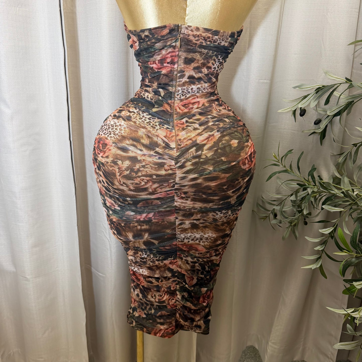 U WIRE INSERT HALTER MIDI DRESS-Brown Multi