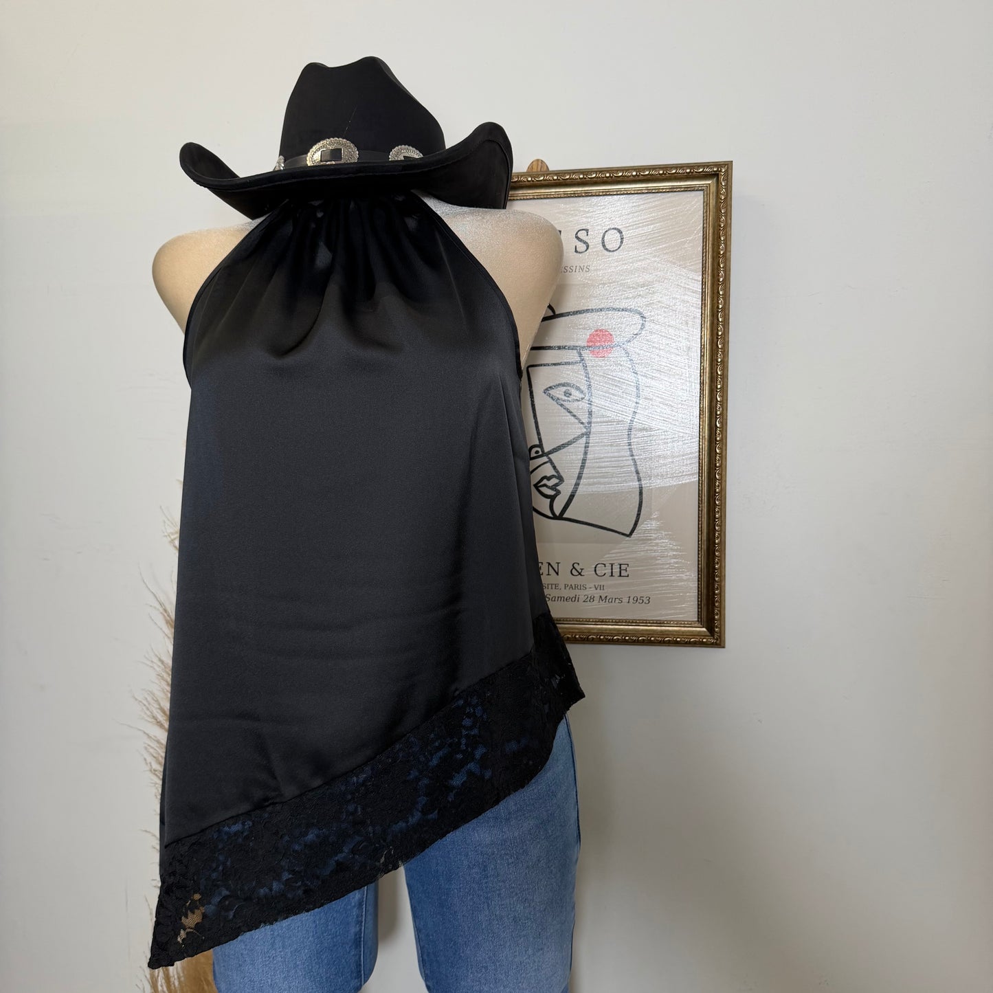 Satin Lace Asymmetrical Top-Black