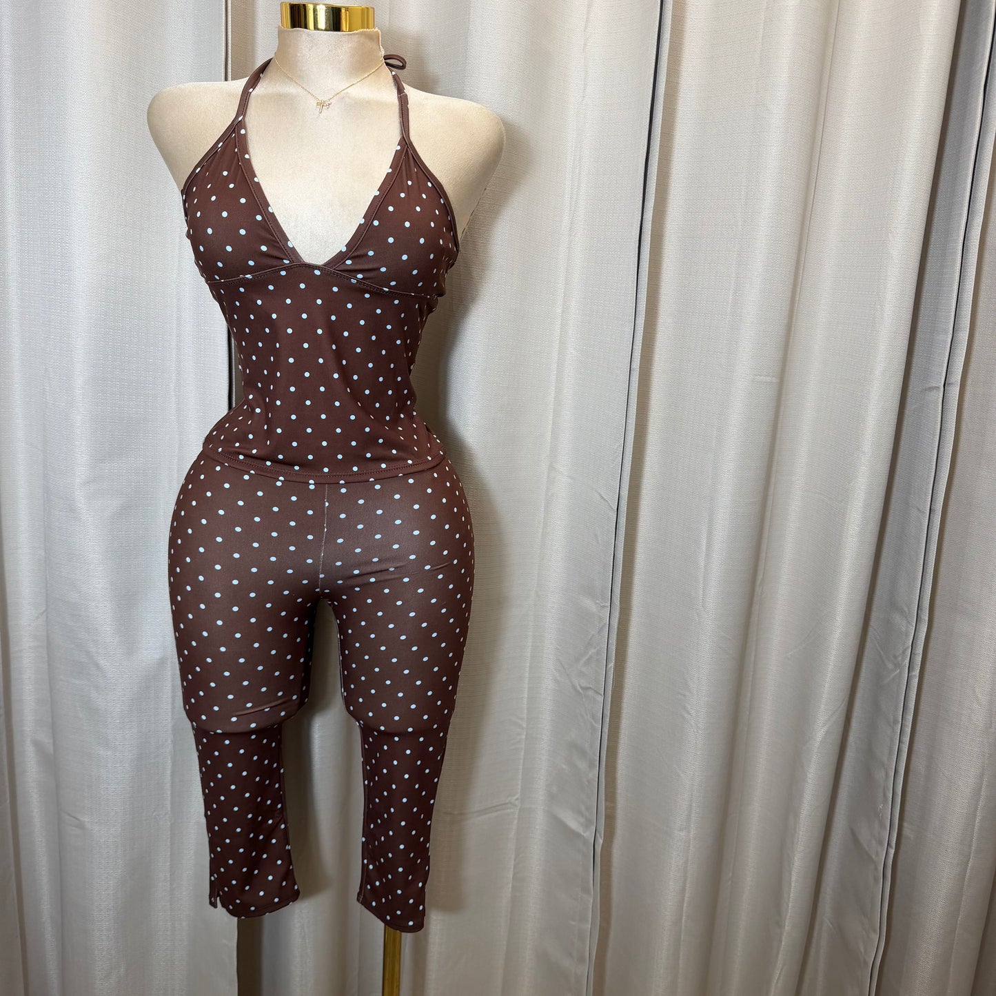 Halter Polkadot Capri Set-Brown/Blue