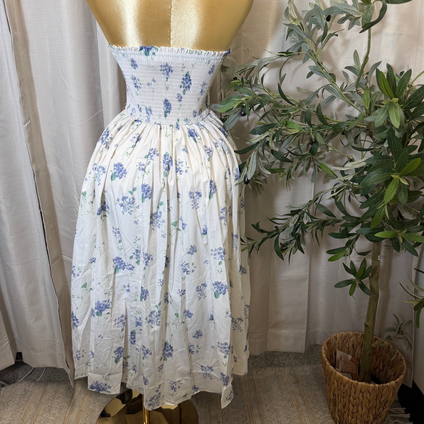 Strapless Floral Midi Dress-White/Blue