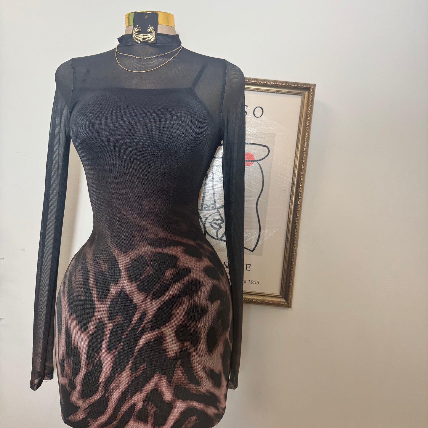 Animal Ombré Midi Mesh Dress-Black/Brown