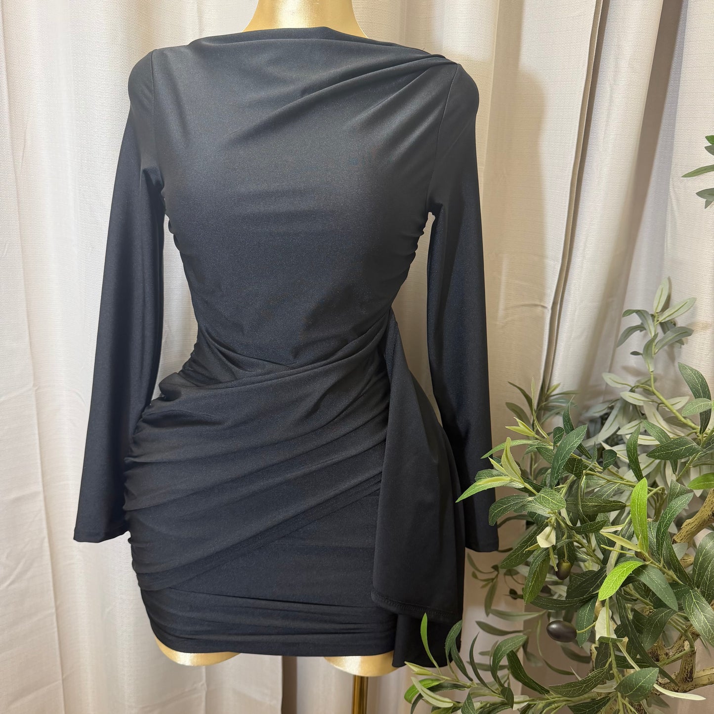 Long Sleeve Mini Dress Mock Neckline-Black