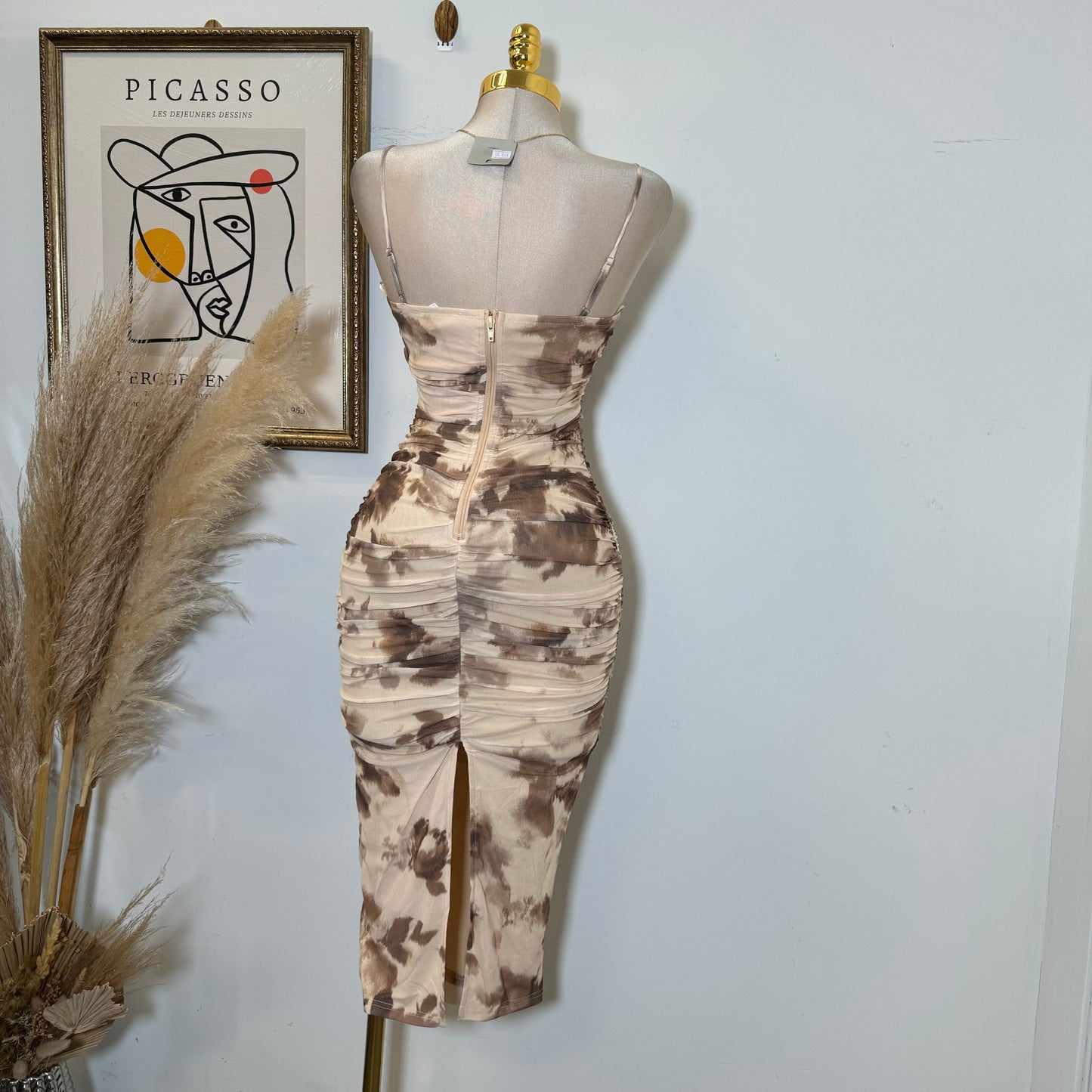 Mesh Print Midi Dress-Brown