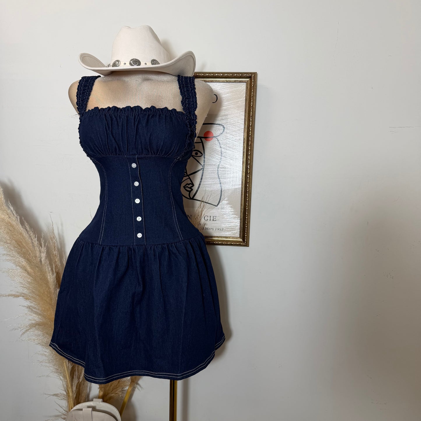 Ruched Bodice Denim Mini Dress-Dk Denim