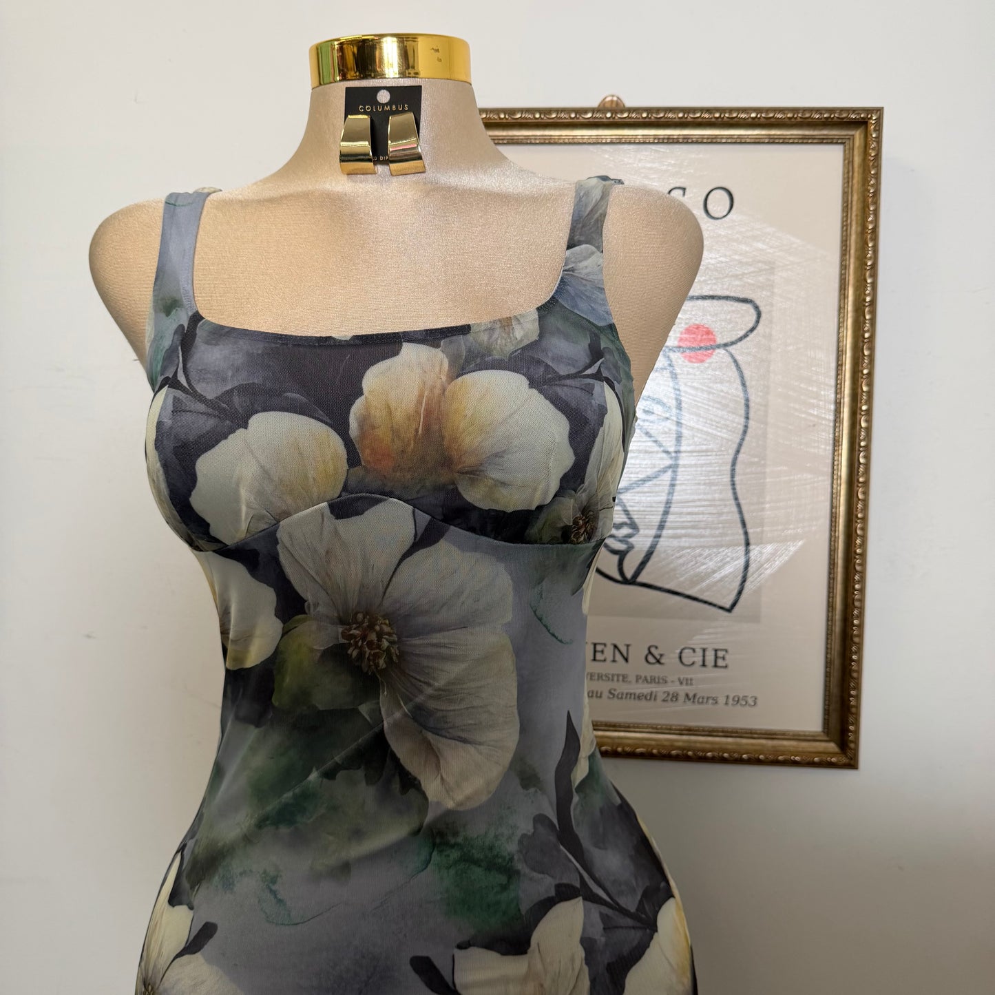 Mesh Print Midi Dress Flower Dress-Green
