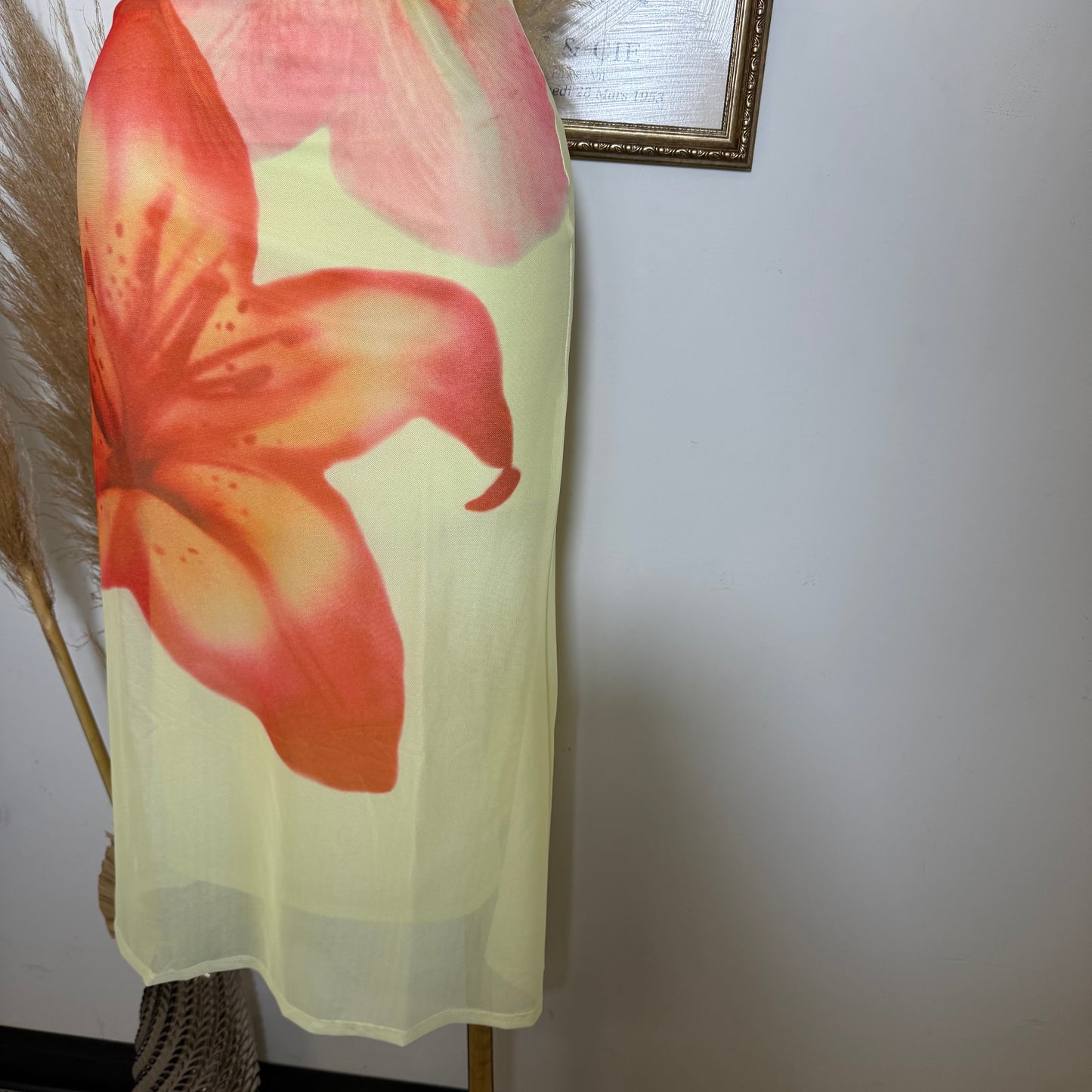 Mesh Tropical Floral Print Halter Neck Button Tie Midi Dress-Yellow