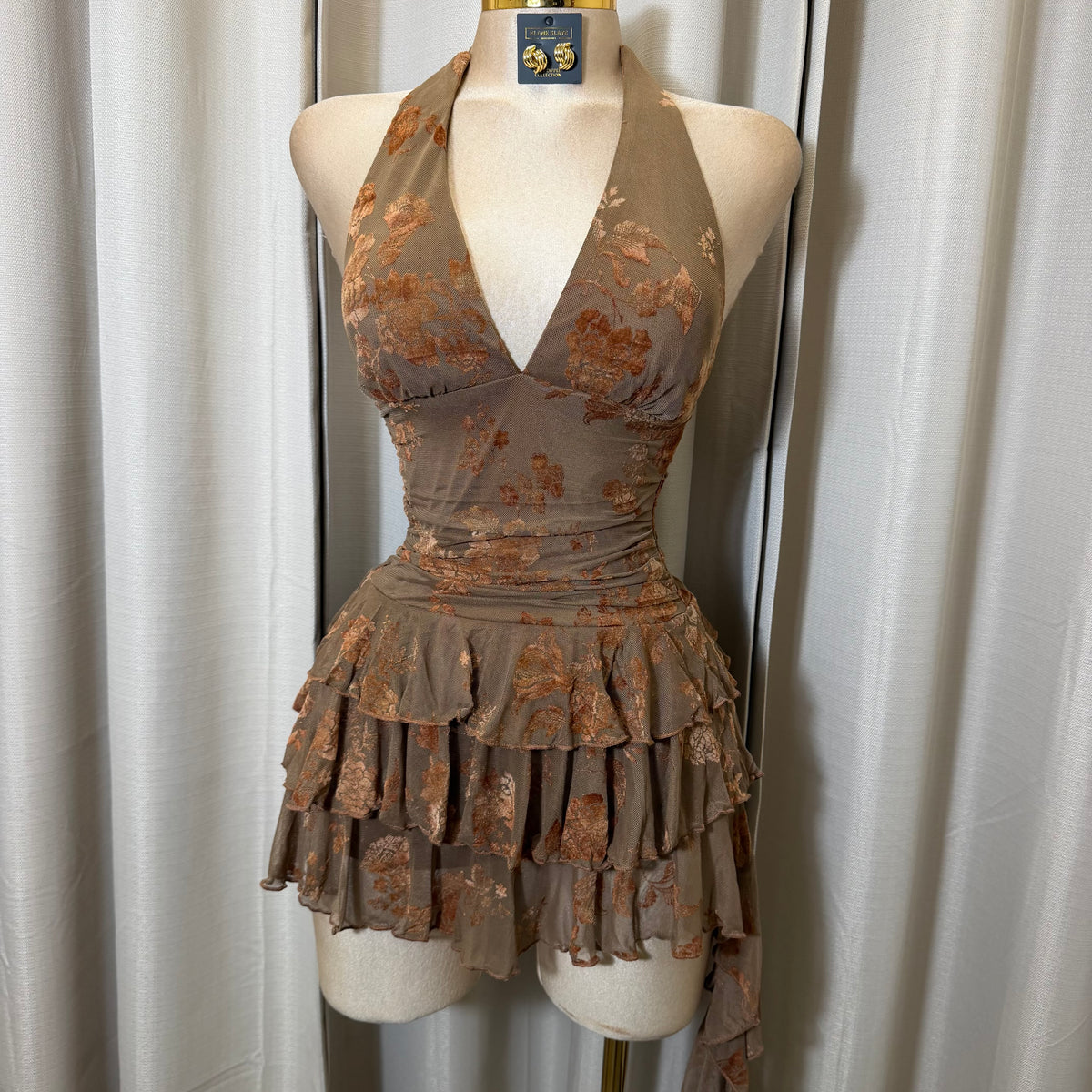 Floral Halter Double Layer Ruffle Mini Dress-Brown