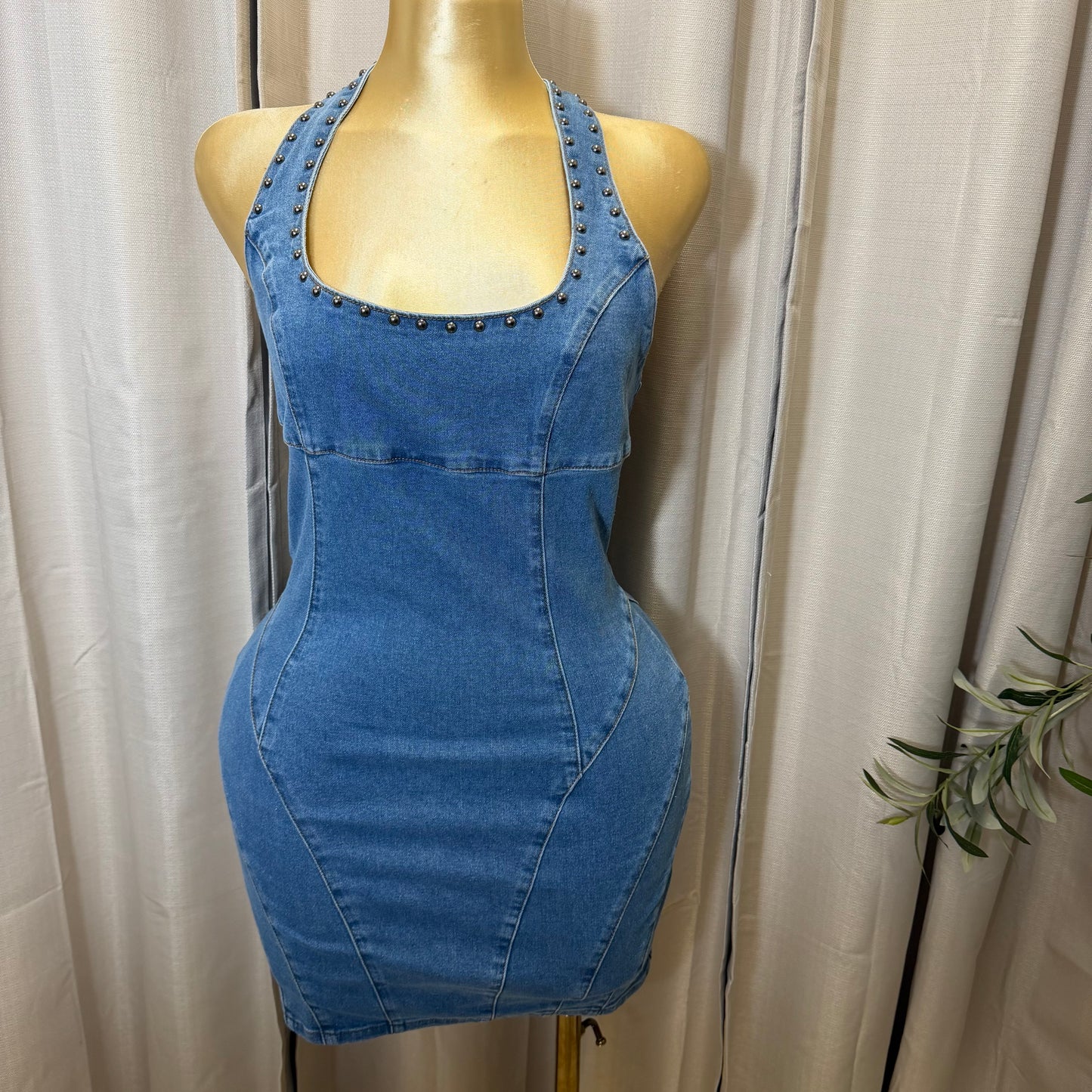 Stud Halter Detail Denim Mini Dress-Denim