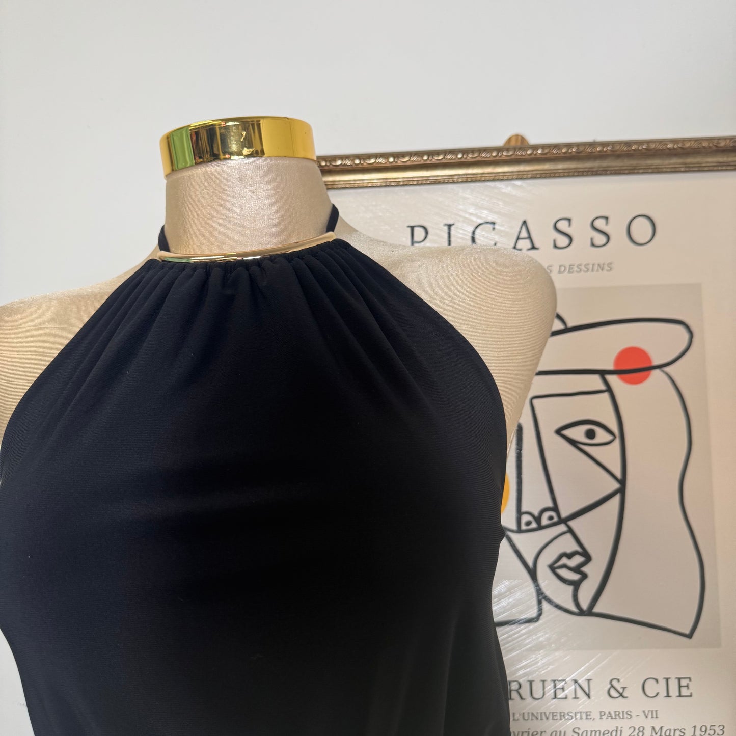 Halter With Gold Trim Mini Dress-Black