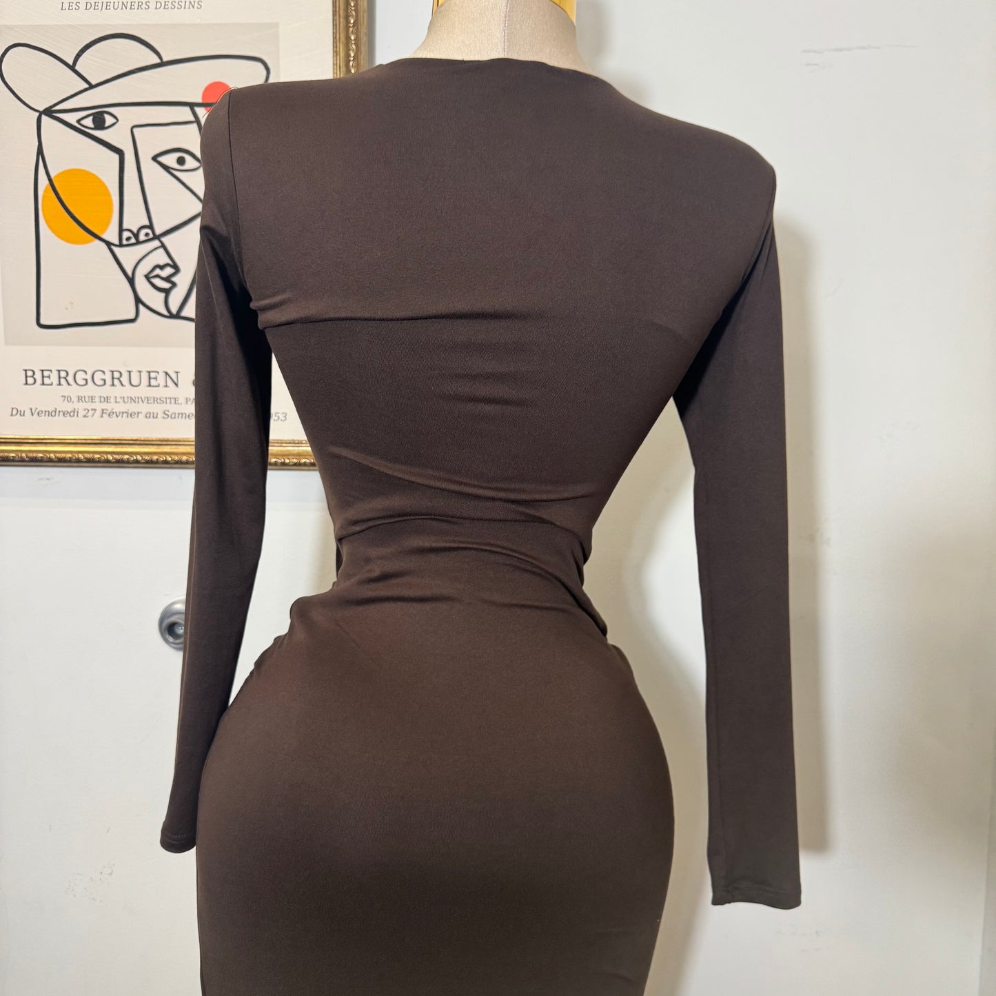 Long sleeve Soft Material Dress-Brown