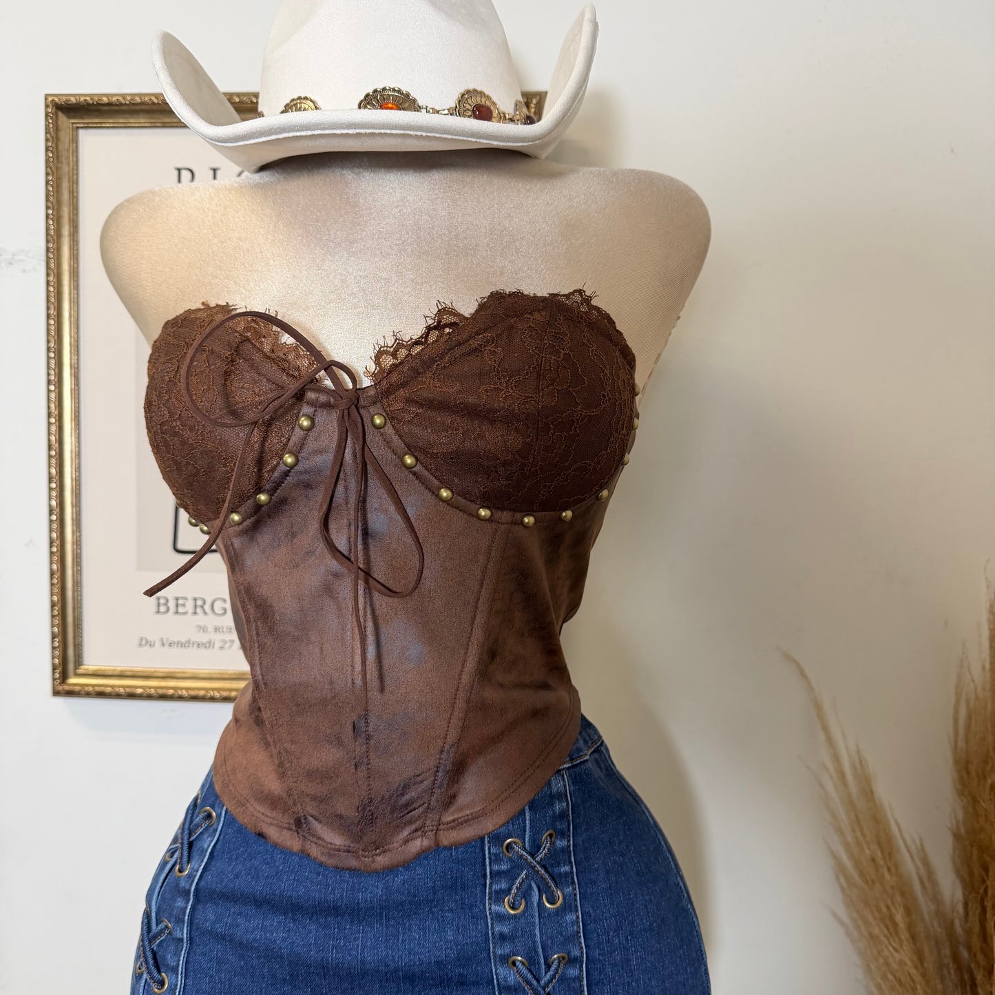 Suede Tube Top Tie Back Detail -Brown
